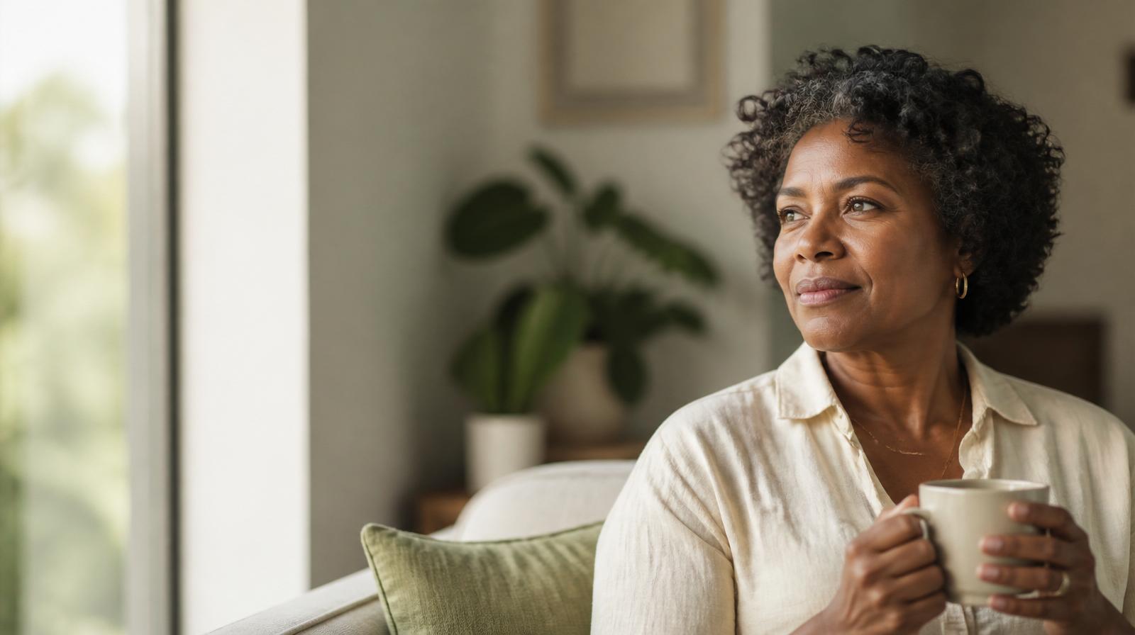 Confident woman in her 50s with soft curls pauses with a warm drink near a sunlit window.