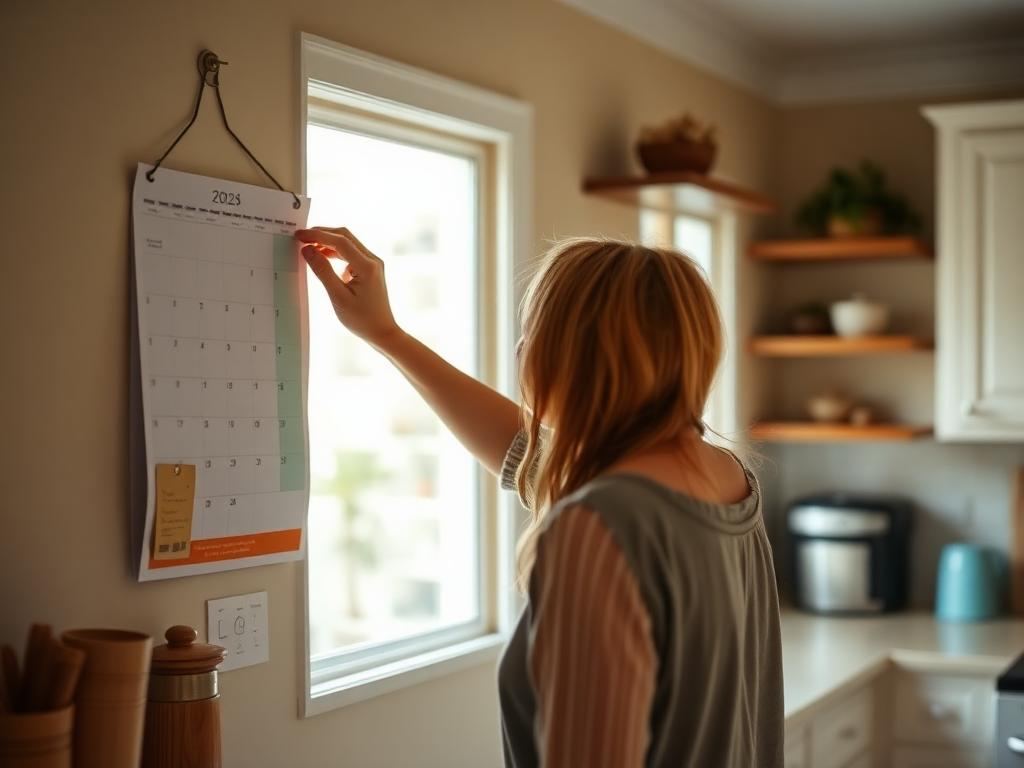 Adult marking progress on a kitchen calendar during a weight management program
