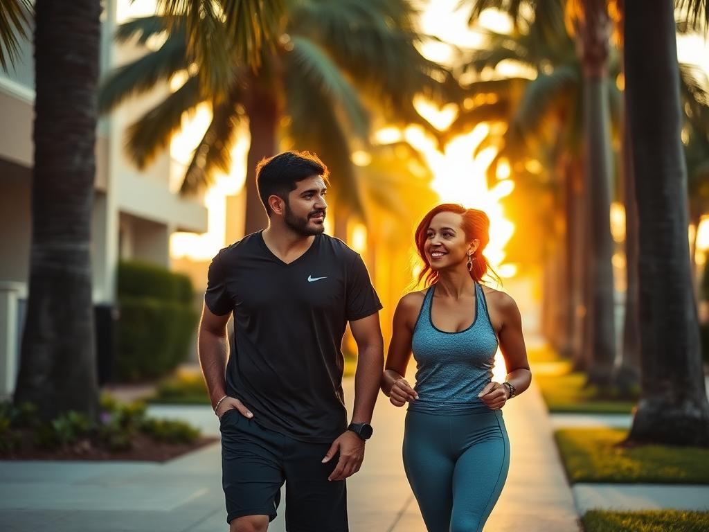 Couple in their forties walking a palm-lined South Florida sidewalk