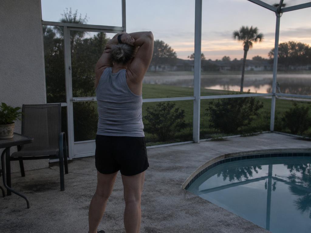 Woman in her forties stretching on a sunlit patio in South Florida