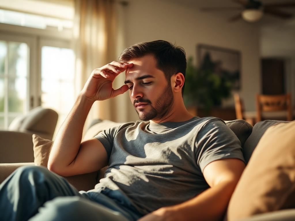 Man in his thirties feeling fatigued at home during the afternoon