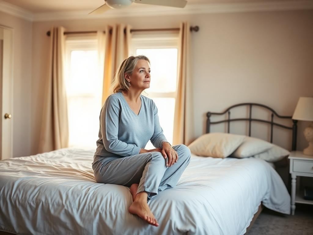 Woman in her forties sitting on the edge of her bed early in the morning