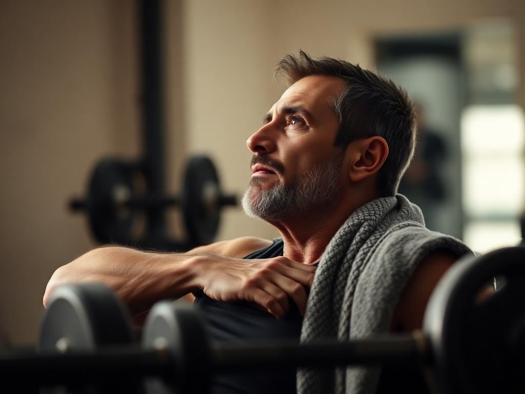 Man in his forties resting on a weight bench between sets