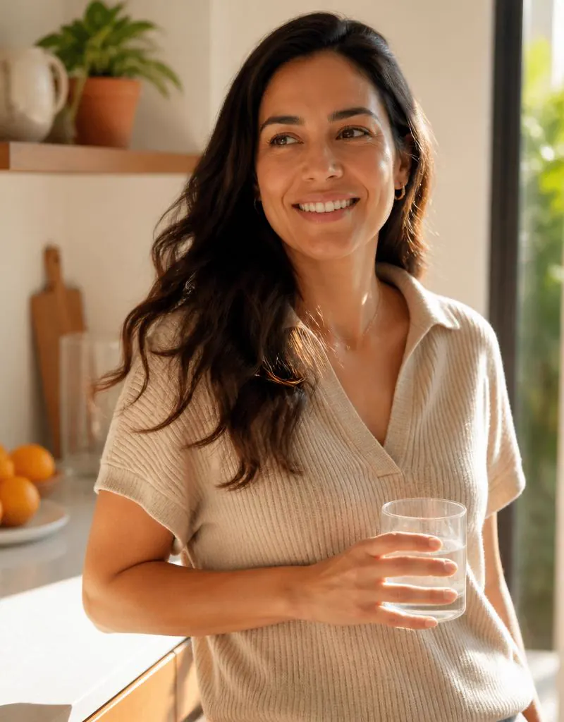 Woman smiling in a bright sunlit kitchen at home in Parkland