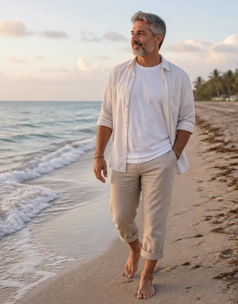 Man walking barefoot along a calm Delray Beach shoreline at golden hour