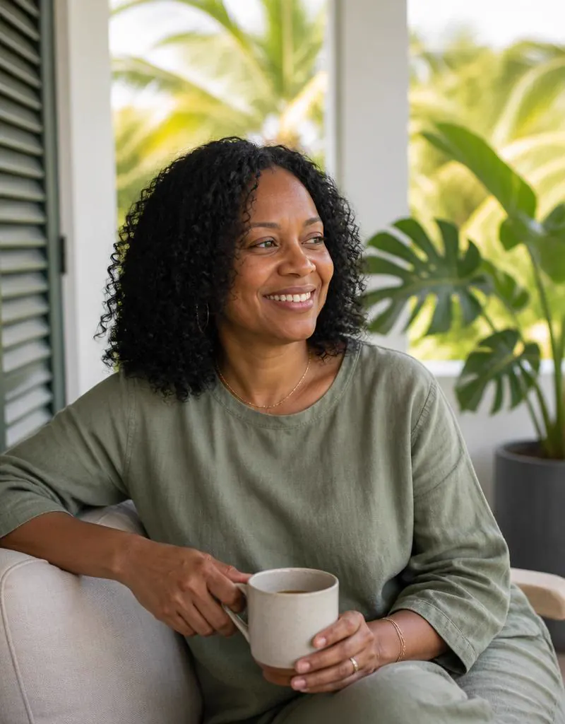 Woman relaxing on a sunlit porch surrounded by tropical greenery in Coral Springs