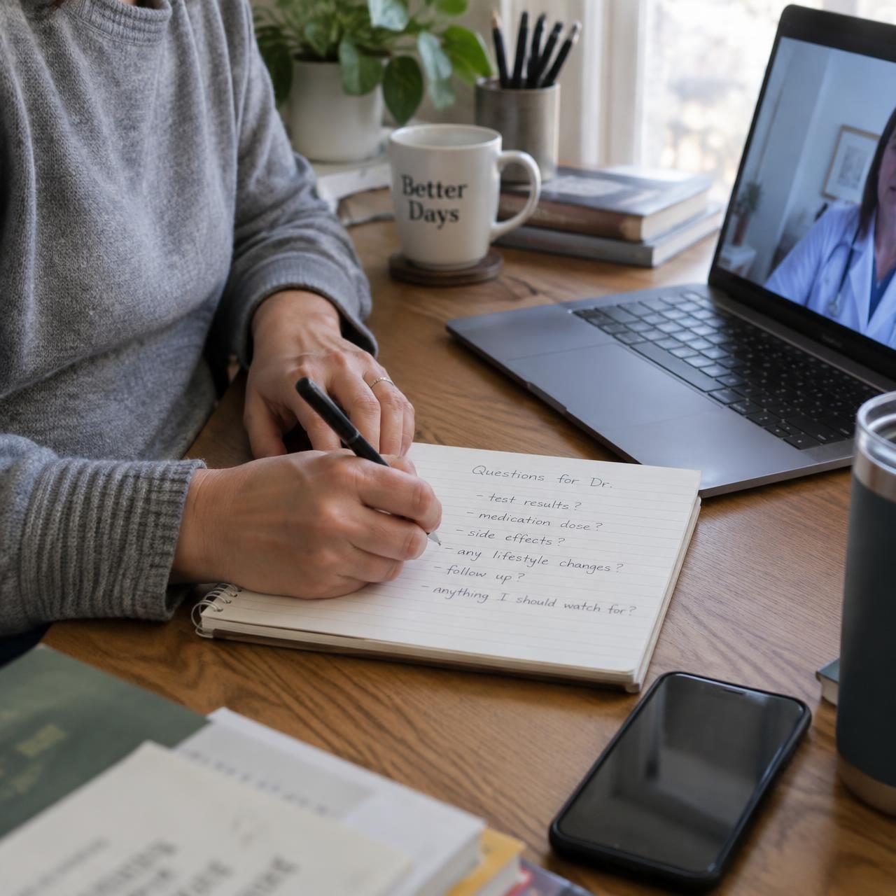 Adult on a video appointment in a sunlit home office