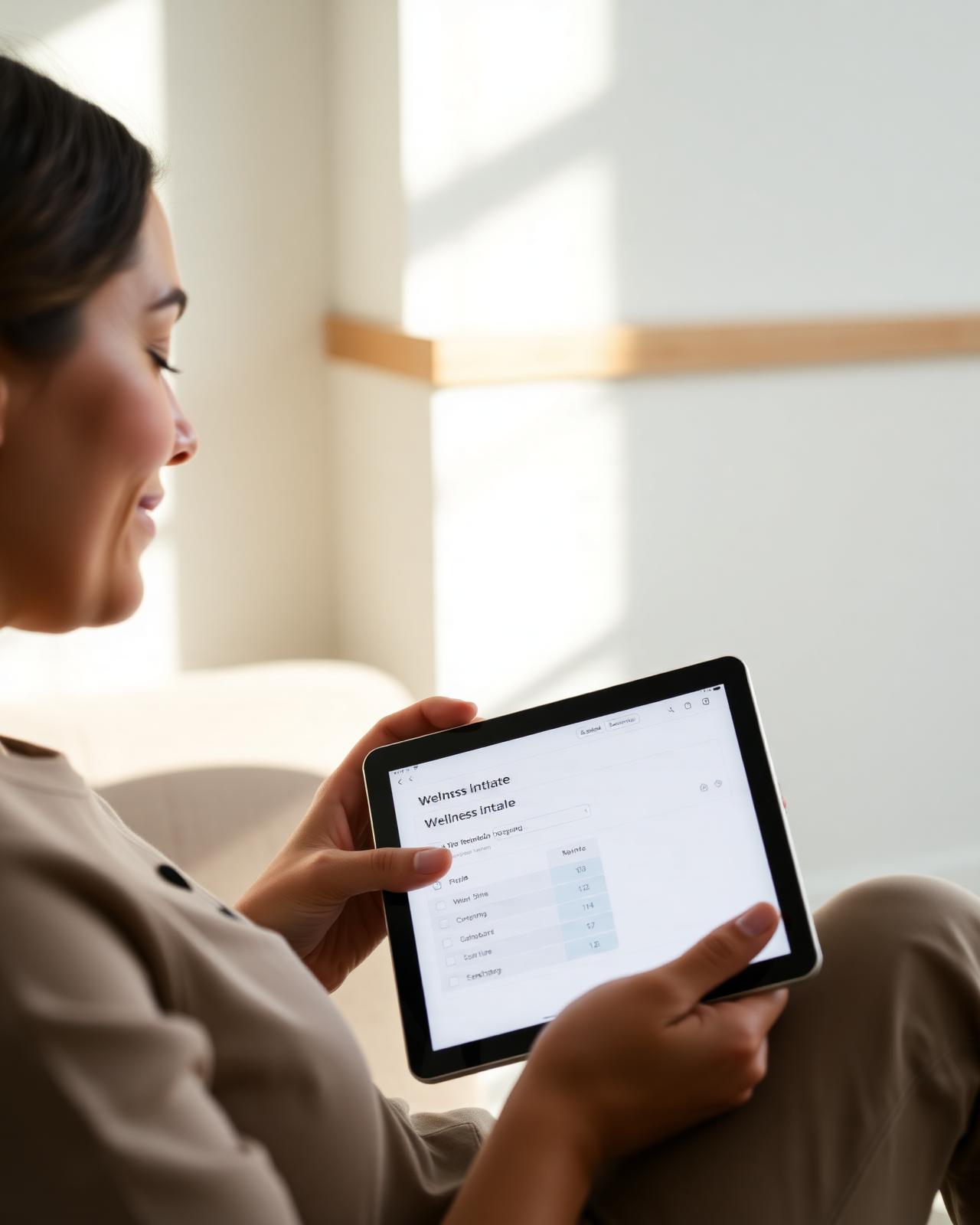 Adult relaxing at home in bright natural light during a private online appointment