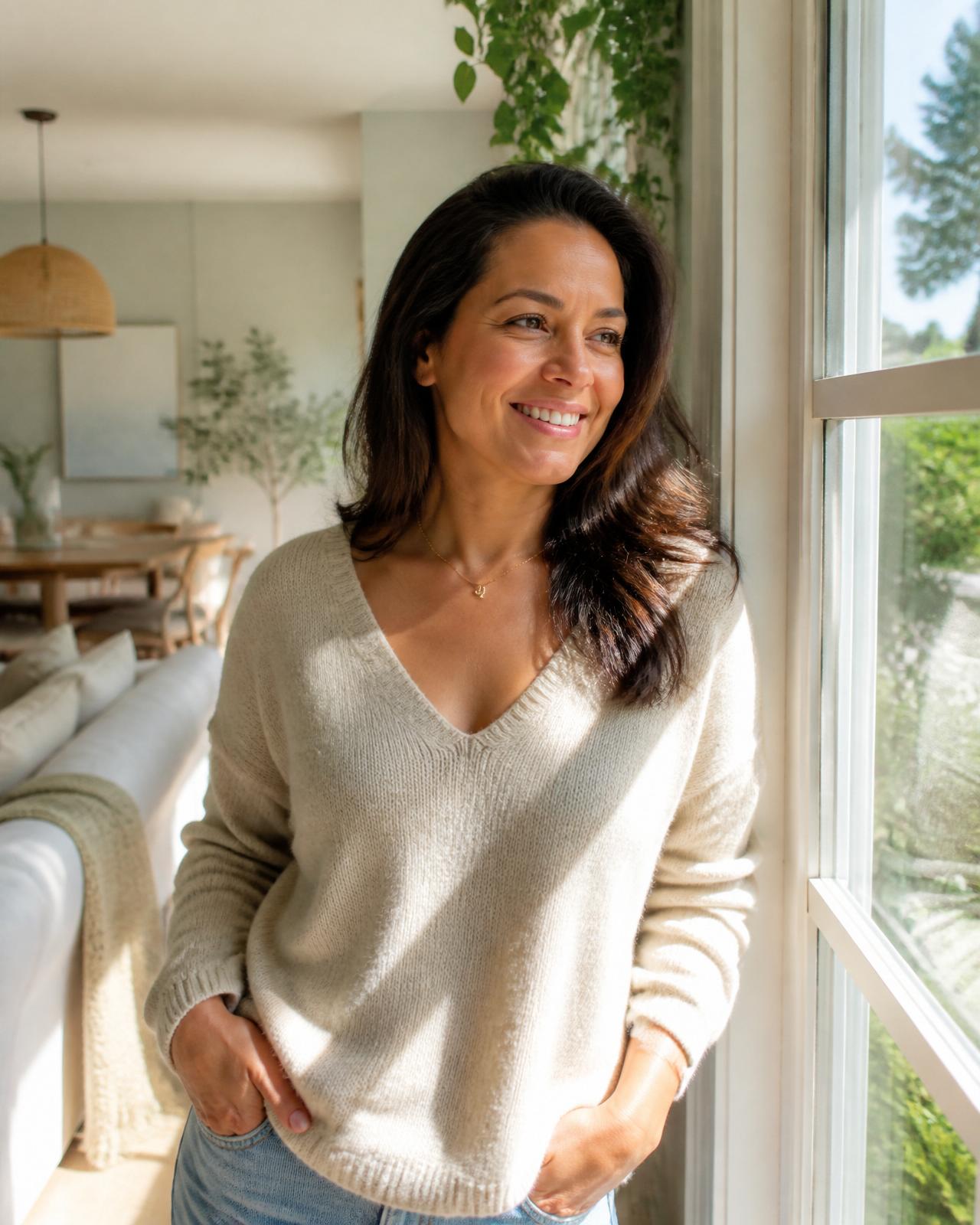 Adult in a bright home living room preparing for a private online appointment