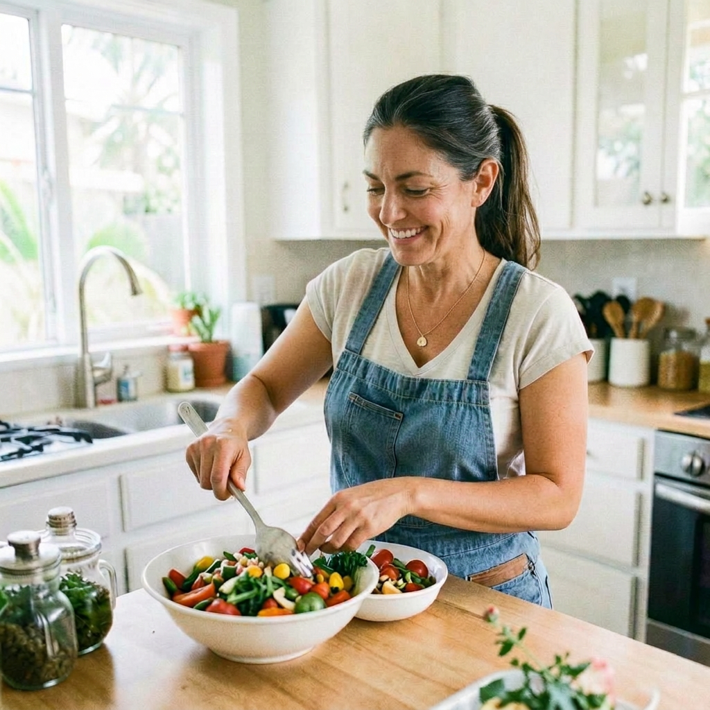 Adult preparing a balanced meal at home in daylight