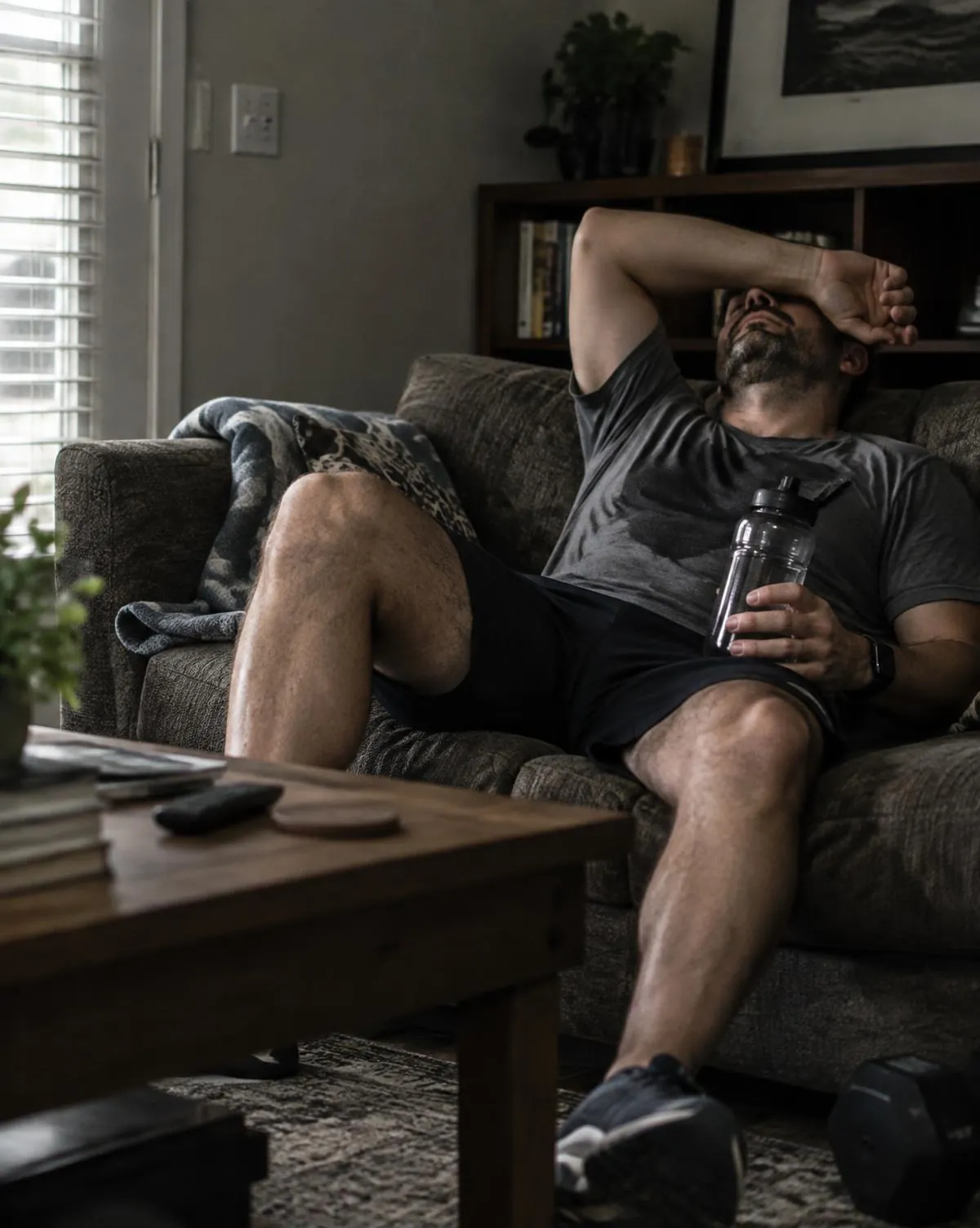 Adult stretching at home in natural light after a workout