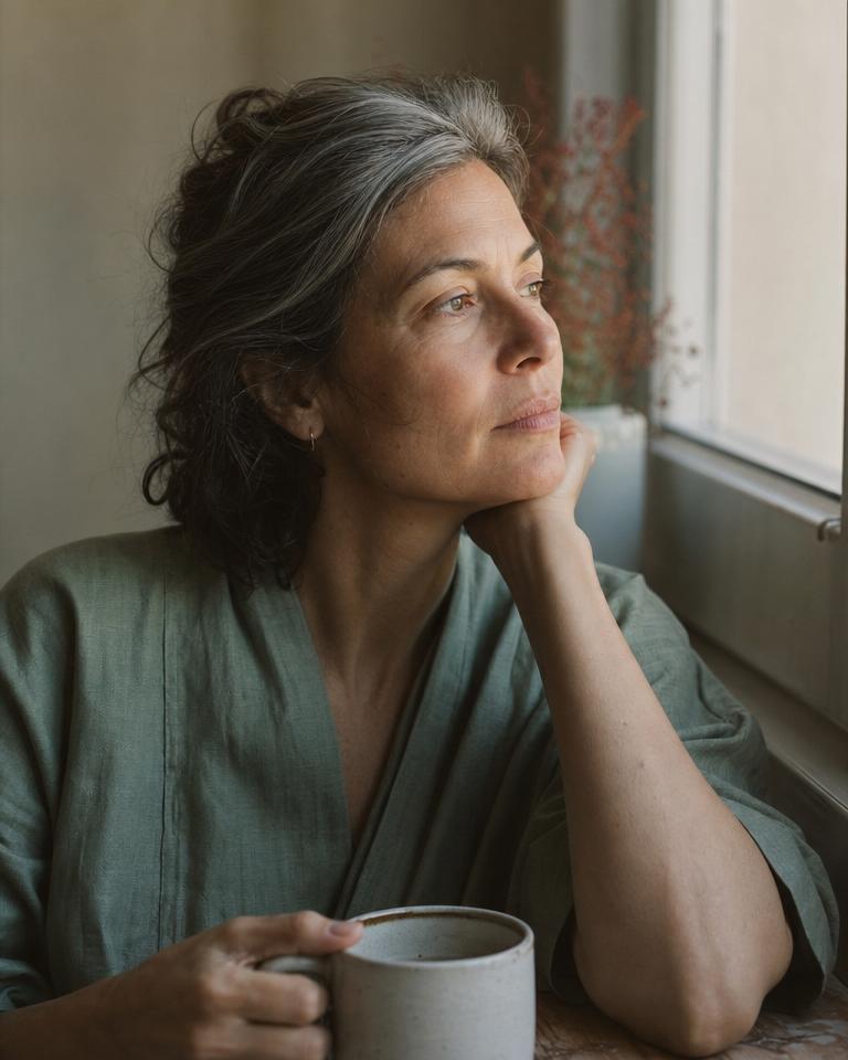 Woman by a window with a ceramic mug