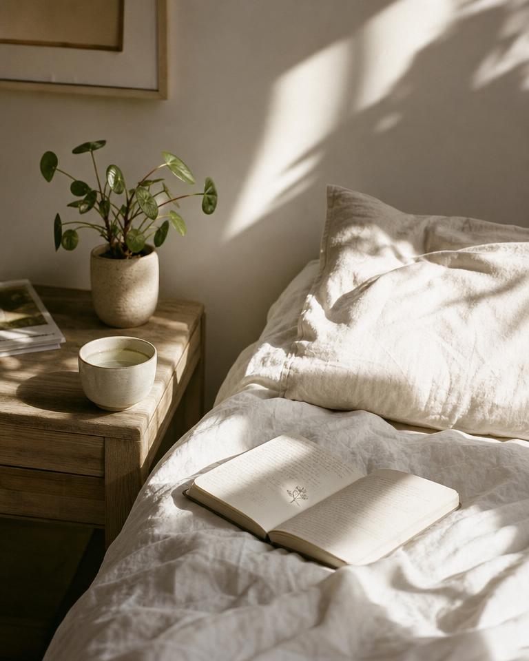 Sunlit linen bedding with a notebook and ceramic cup
