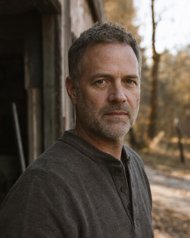 Man in a henley outdoors at golden hour