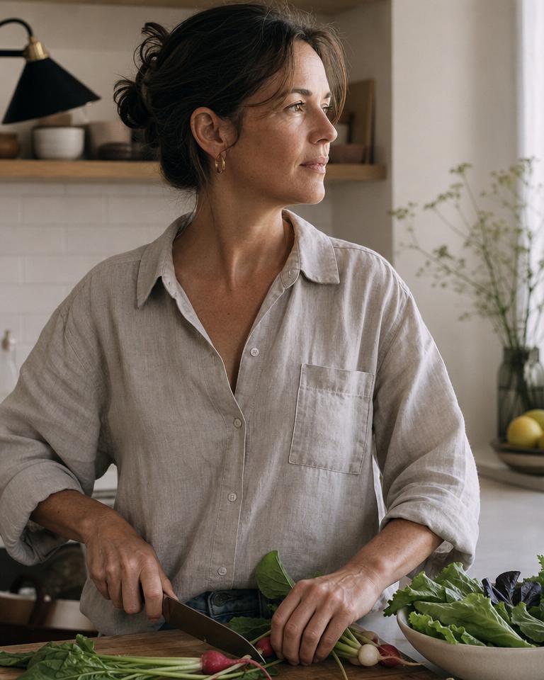 Woman preparing fresh vegetables in a bright kitchen