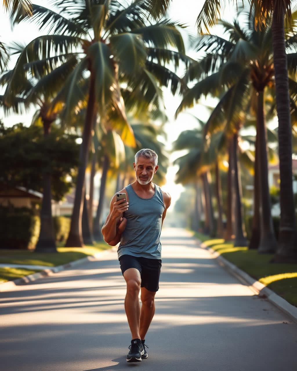Adult walking a palm-lined Broward County street after a morning workout