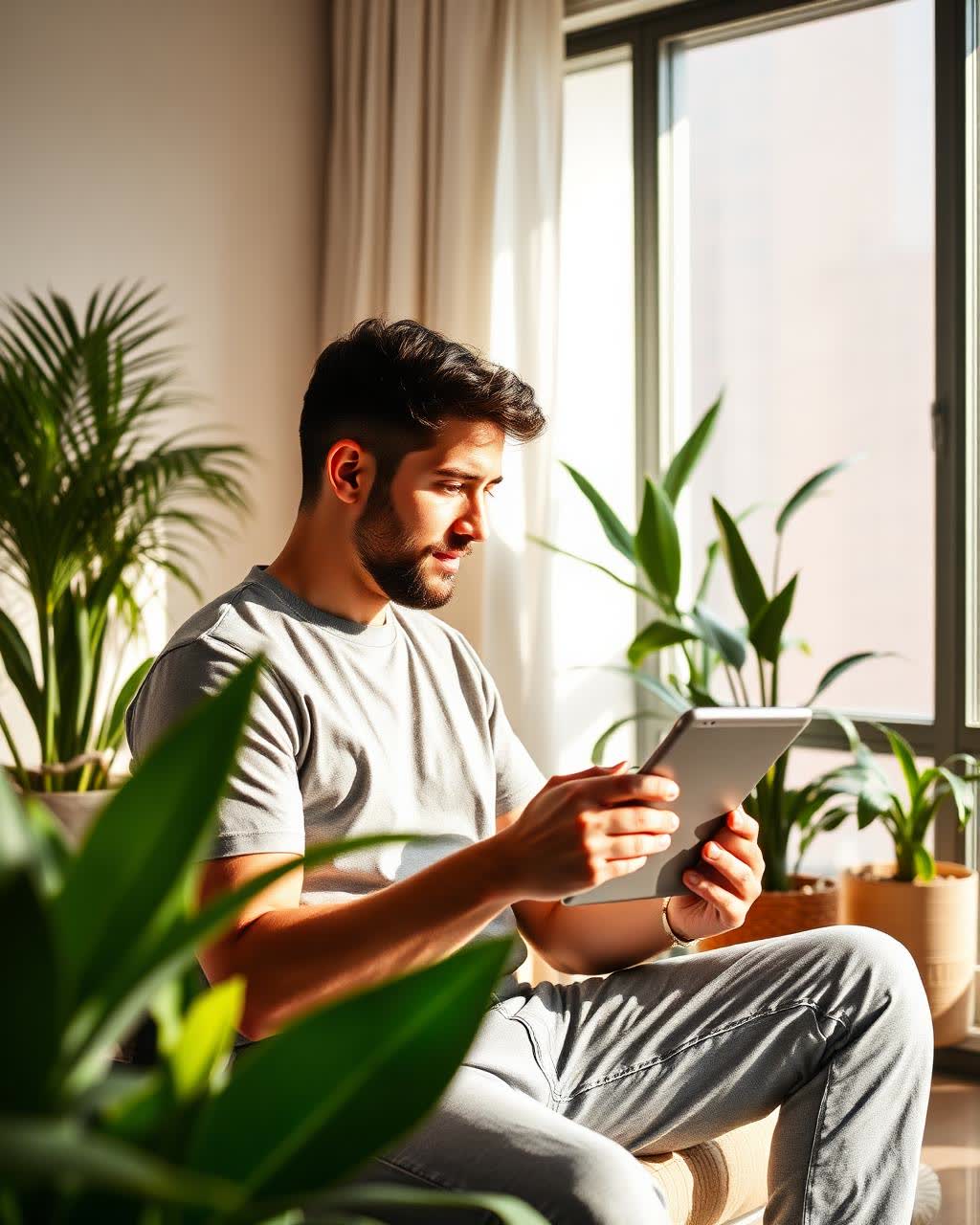Adult in a bright Miami apartment joining a private telehealth visit on a tablet