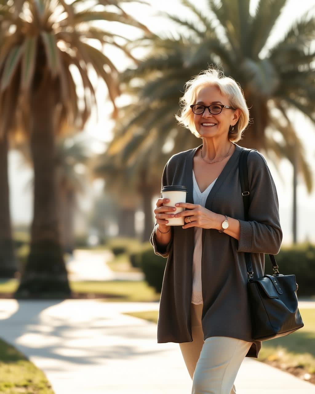 Adult walking outdoors near coastal palms in Palm Beach County